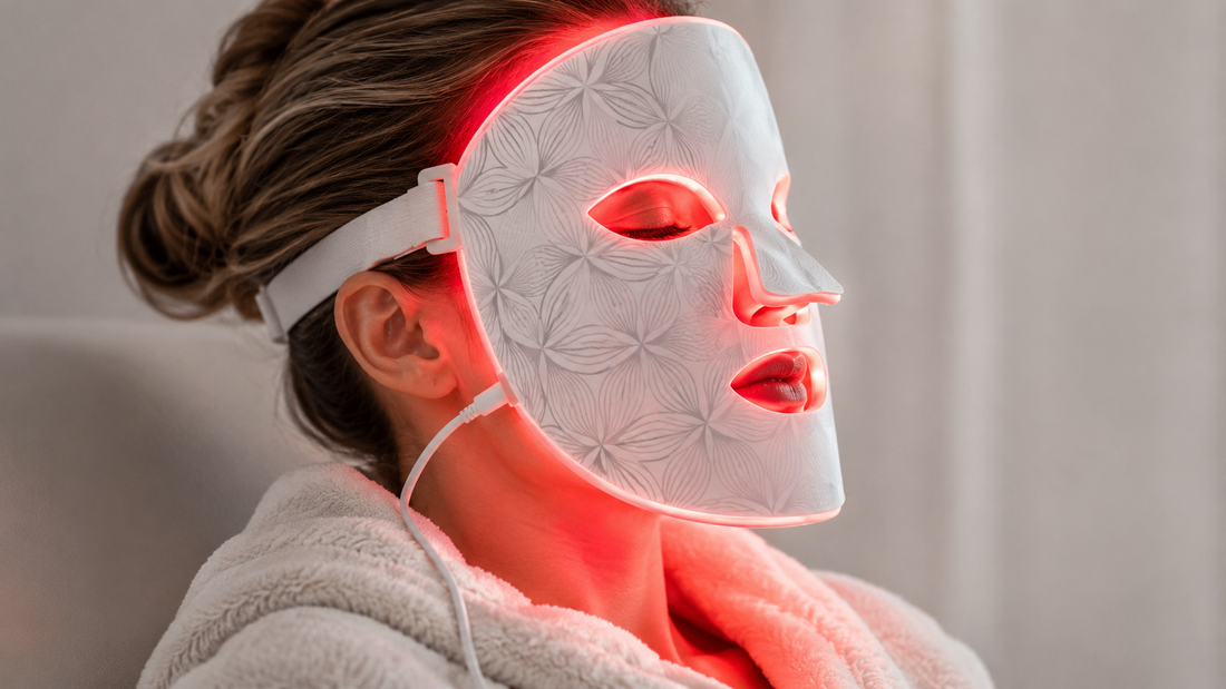 Premium close-up side profile of a woman wearing a red LED light therapy face mask with ergonomic skin contact and soft studio lighting against a clean neutral background.