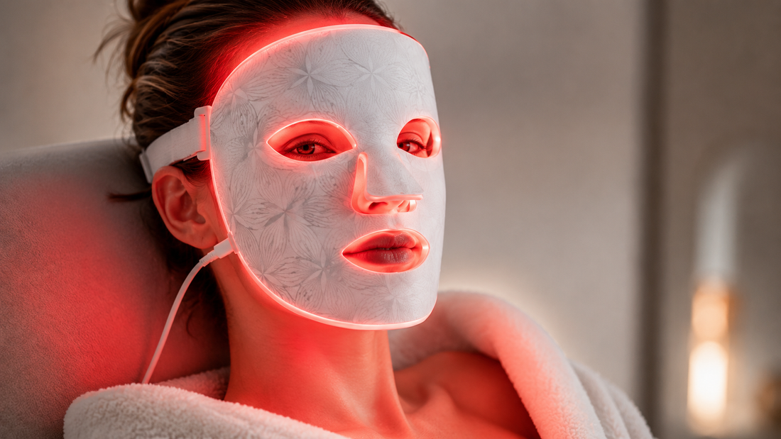 Woman wearing a premium red LED light therapy face mask with soft glowing illumination in a luxury skincare studio setting.