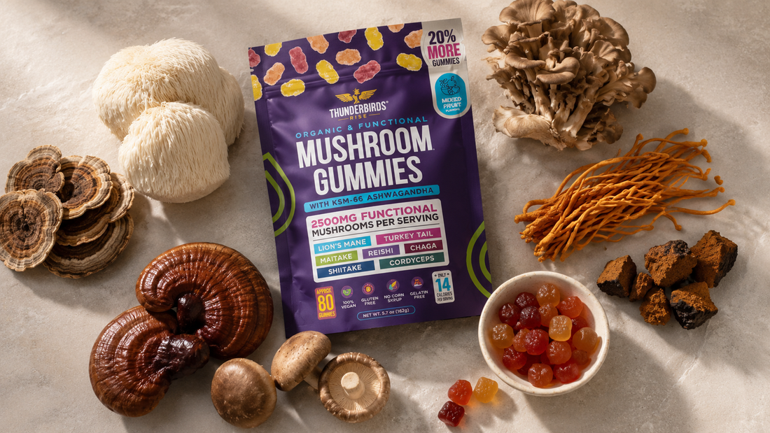 Premium flatlay featuring seven functional mushrooms and Thunderbirds Rise gummies arranged in a luxury wellness editorial composition.