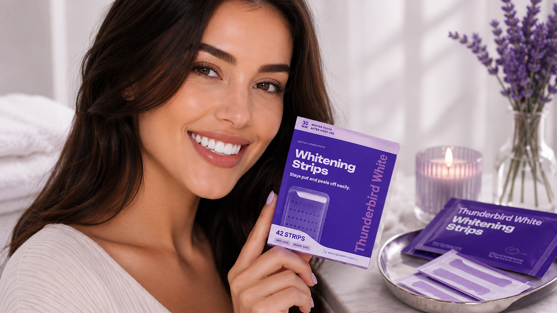 Premium beauty editorial image featuring purple PAP teeth whitening strips and a healthy bright smile in a clean modern oral-care setting.