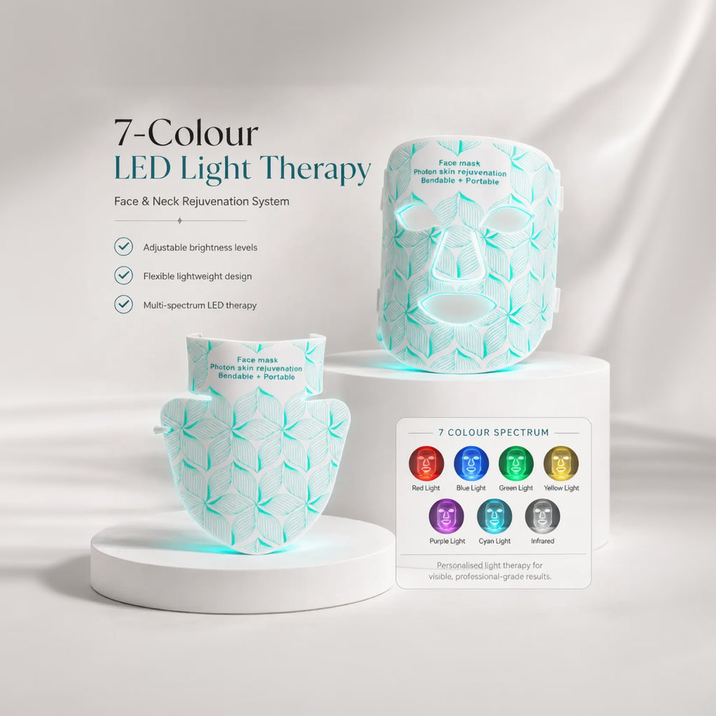 Premium LED face and neck light therapy mask with seven-colour light modes displayed in a luxury skincare technology presentation.