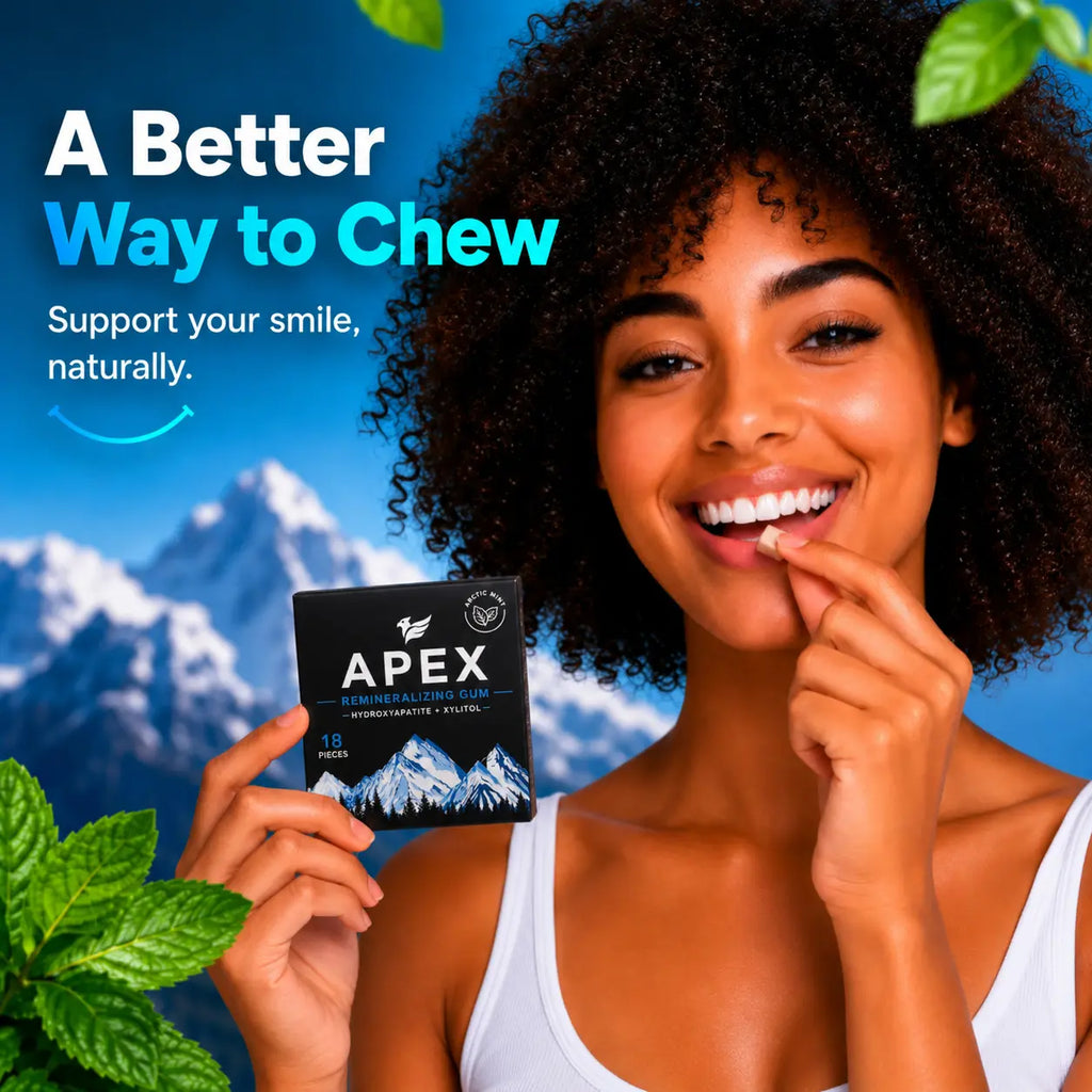 A smiling woman with dark curly hair holds a black APEX toothpaste packet while applying toothpaste to her teeth. The background is a bright blue sky with white mountains, with green leaves in the corners and promotional text on the left.