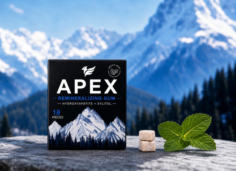 A box of APEX remineralizing gum stands on a stone surface with two gum pieces and a mint leaf in front, set against a blurred mountain landscape.