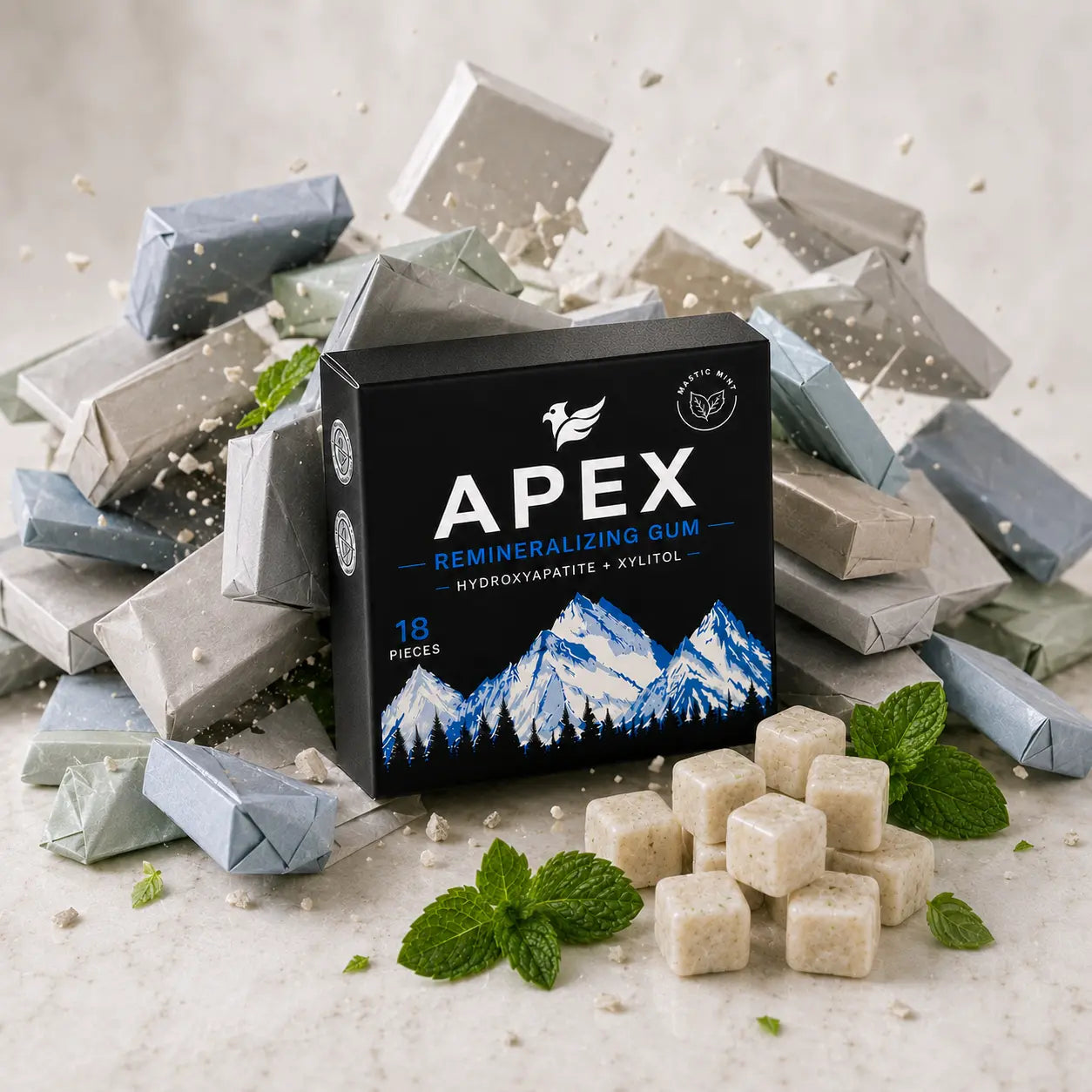 APEX Remineralizing Gum box in the center, surrounded by scattered and standing gum pieces in pale gray and minty off-white, with mint leaves on a light stone surface.