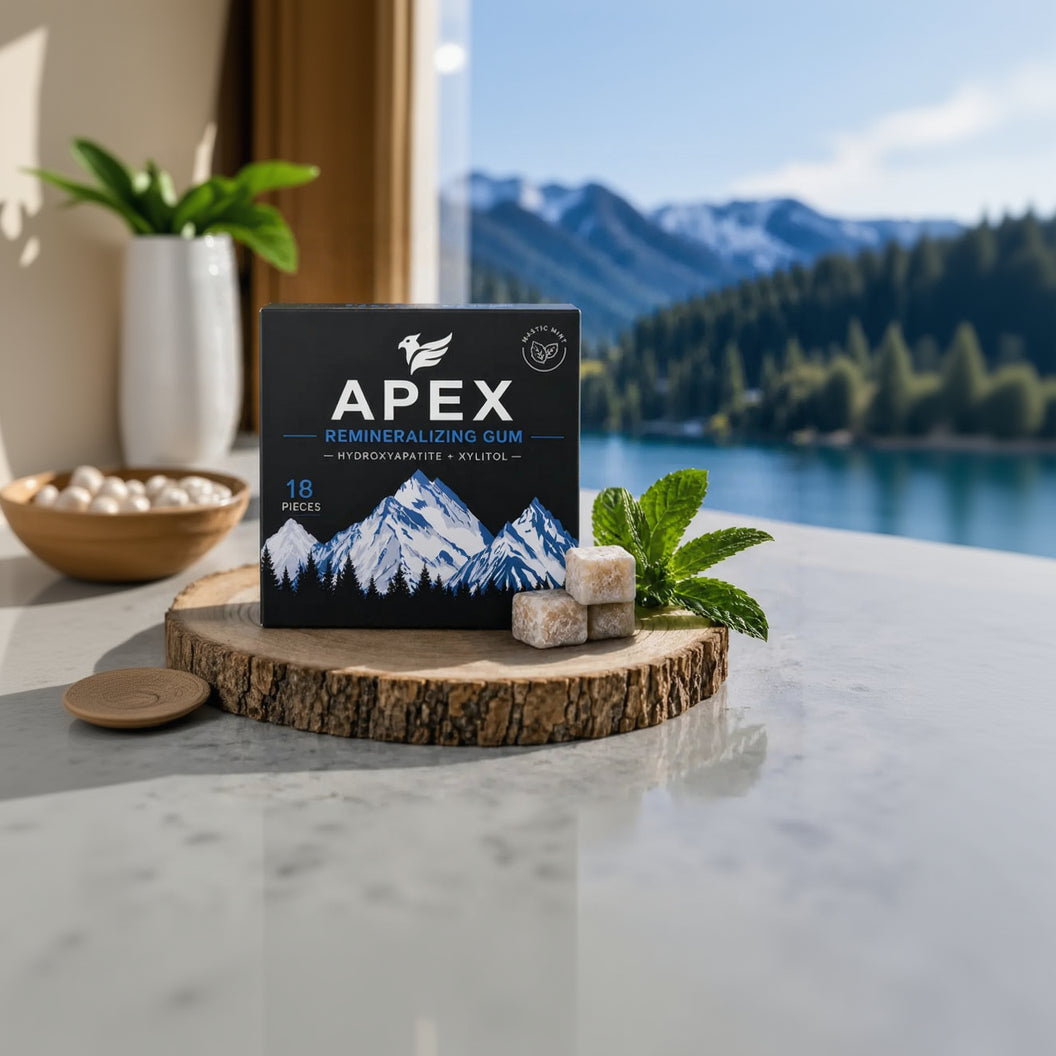 A box of APEX Remineralizing Gum placed on a rustic wood slice, surrounded by mint leaves and a few loose gum pieces, with a blurred mountain-and-lake background.