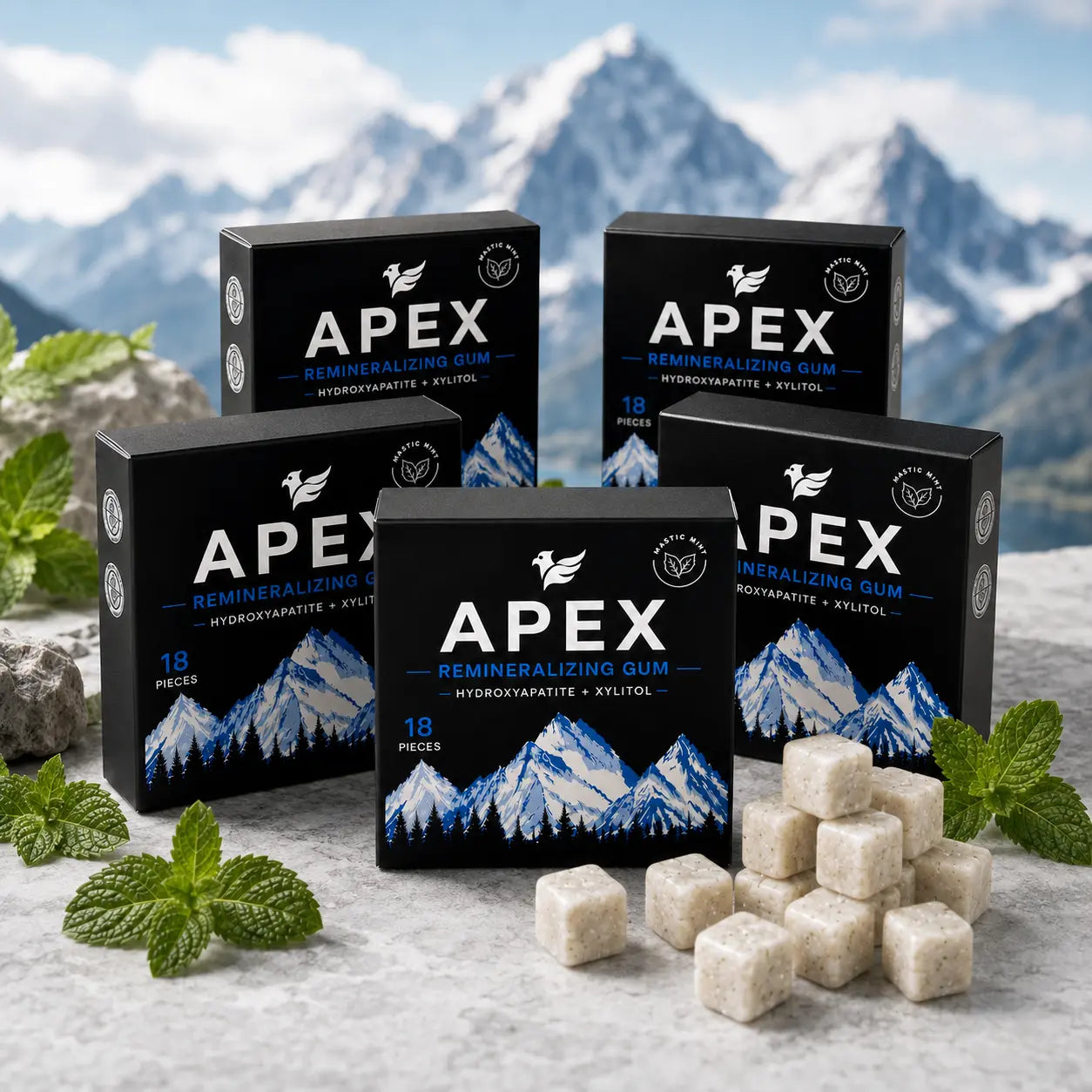 Four black boxes of APEX Remineralizing Gum arranged on a stone surface with mint leaves and several pale gum cubes in front, set against a blurred mountain landscape.