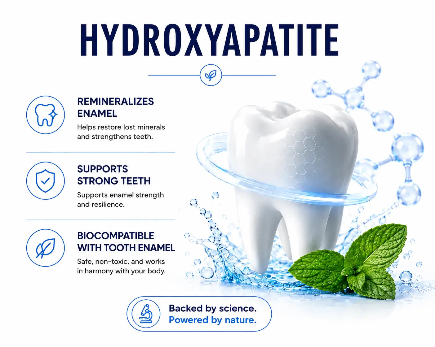 Promotional graphic about hydroxyapatite with a tooth and mint leaves on a white background.