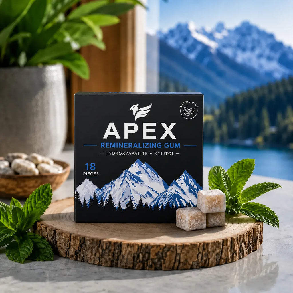 A box of APEX Remineralizing Gum placed on a rustic wood slice, surrounded by mint leaves and a few loose gum pieces, with a blurred mountain-and-lake background.