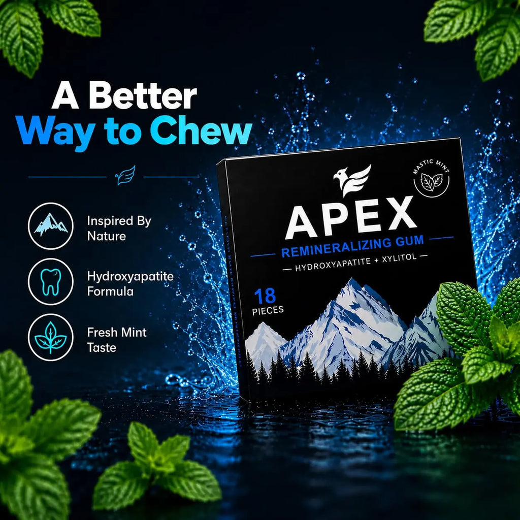 APEX Remineralizing Gum packaging box shown on a dark blue water-splash background with mint leaves around it. The box is black with white and blue text and a mountain graphic.
