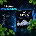 APEX Remineralizing Gum packaging box shown on a dark blue water-splash background with mint leaves around it. The box is black with white and blue text and a mountain graphic.
