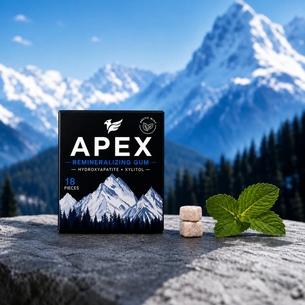 APEX remineralizing gum packaging box standing on a stone surface with two gum pieces and a mint leaf in front of a mountain landscape.