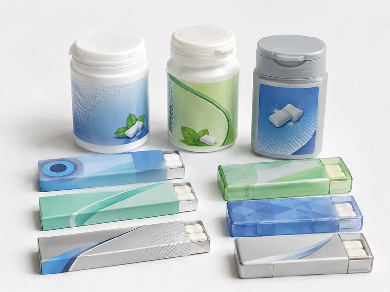 A set of dental hygiene products including three white plastic bottles with blue and green labels, and eight matching rectangular plastic toothbrush holders in blue, green, and silver, arranged on a light gray background.