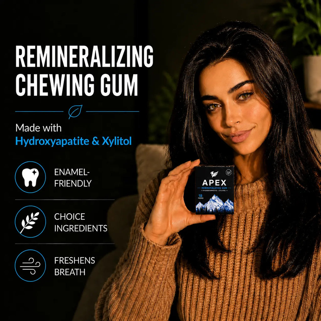 Woman holding Apex remineralizing chewing gum with product features listed.