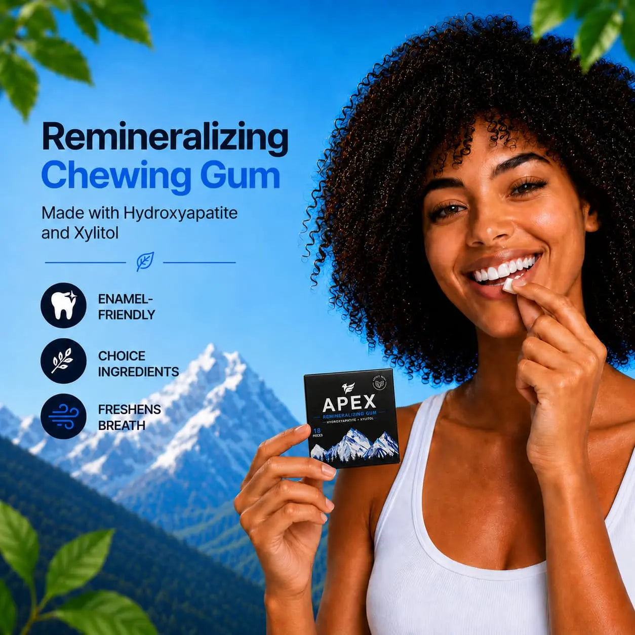 A smiling woman with dark curly hair holds a small black Apex brand chewing gum packet while posing in front of a blue sky and mountain backdrop. Text on the left reads 'Remineralizing Chewing Gum' with bullet points about enamel-friendly ingredients and fresh breath.