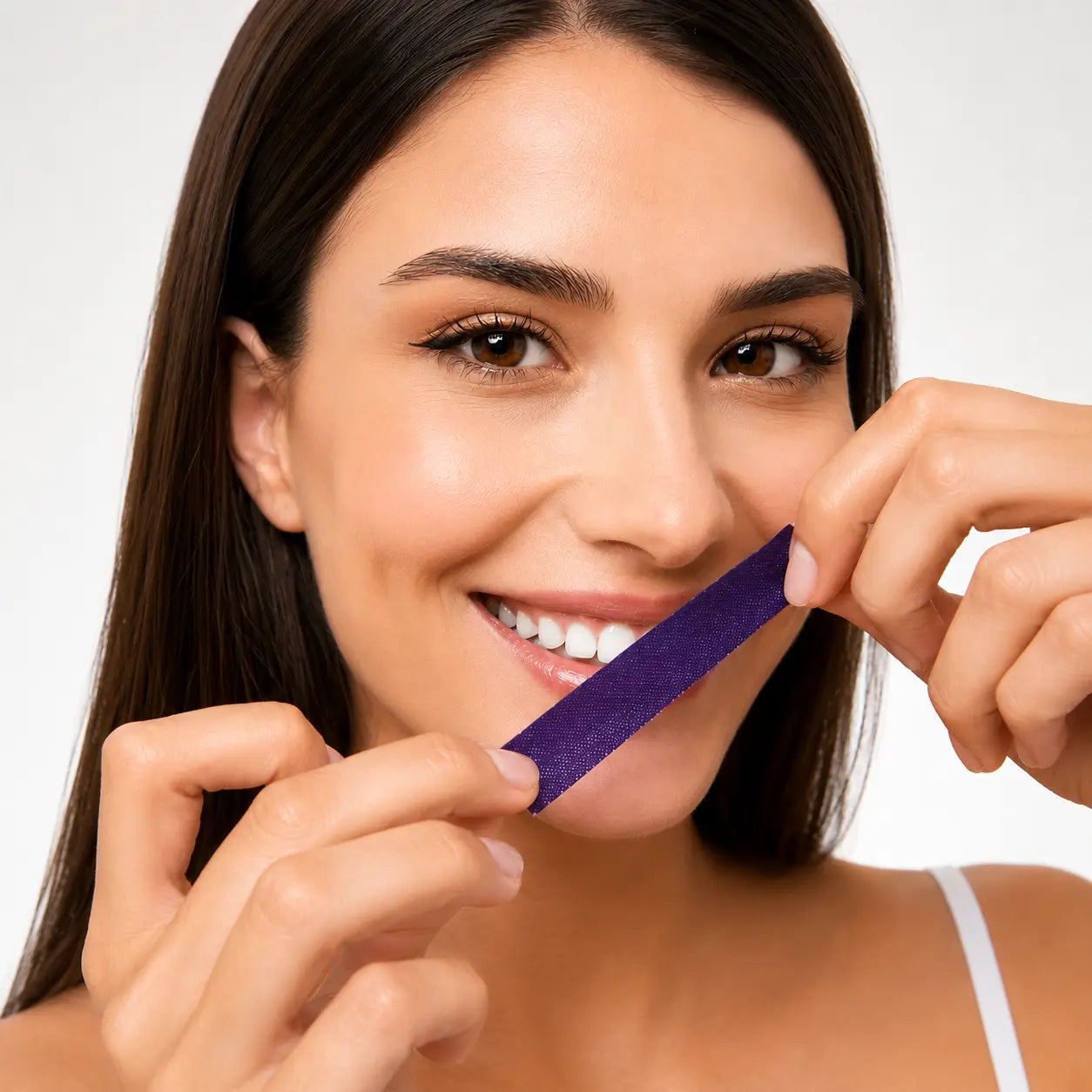 Woman applying purple teeth whitening strip to her nose against a white background