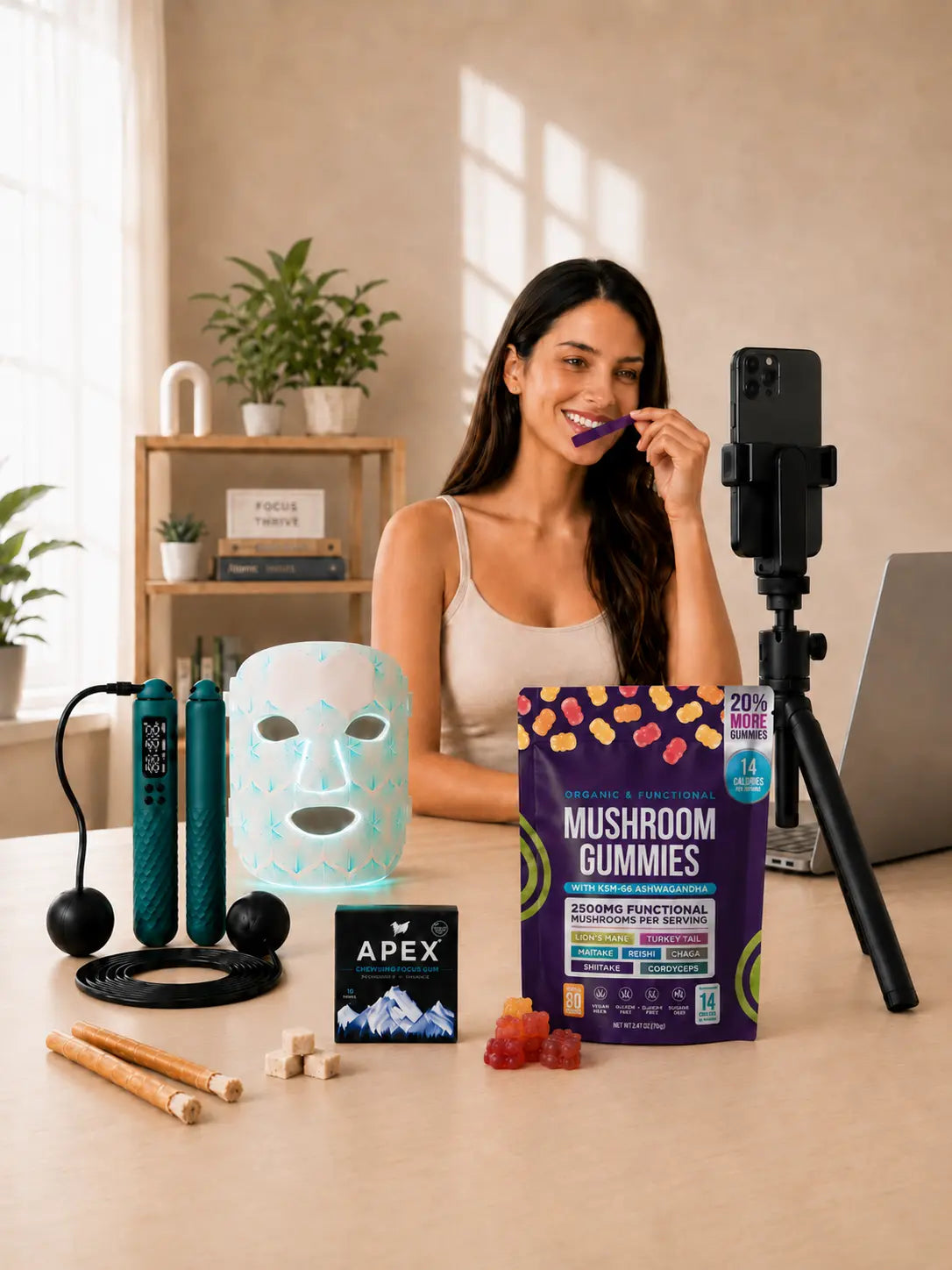 A woman sits behind a desk in a bright room, holding a purple gummy candy near a phone on a tripod. On the desk are several products including a glowing face mask, two teal skipping rope handles, wooden miswak sticks, small gummies, a purple bag of  Mushroom Gummies and a packet of Apex chewing gum. 