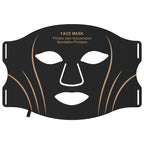 Flexible black LED light therapy face mask with gold detailing displayed in a premium skincare product presentation.