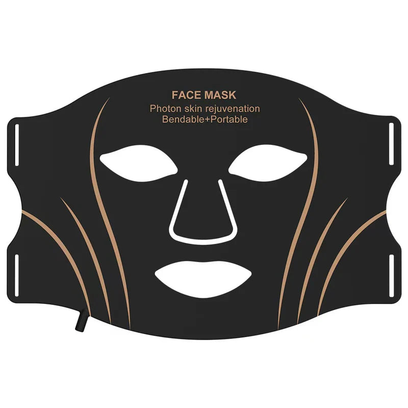 Flexible black LED light therapy face mask with gold detailing displayed in a premium skincare product presentation.