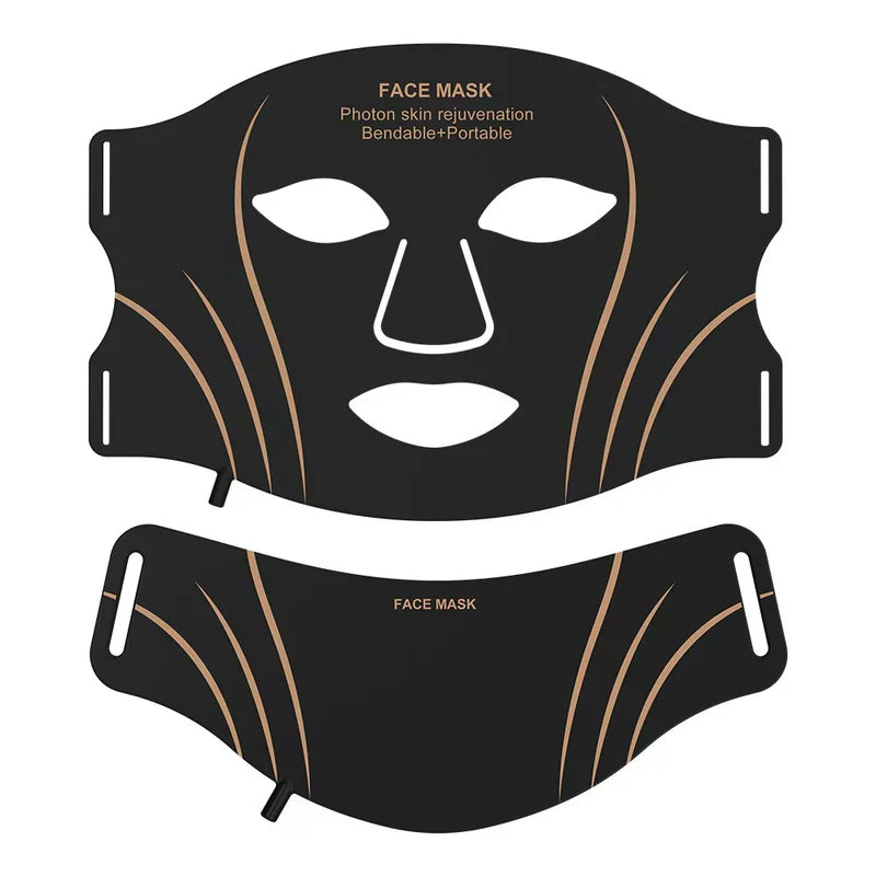 Flexible black LED face and neck light therapy mask set with gold accents displayed in a modern skincare ecommerce presentation.