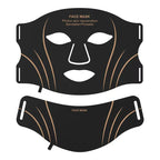 Flexible black LED face and neck light therapy mask set with gold accents displayed in a modern skincare ecommerce presentation.