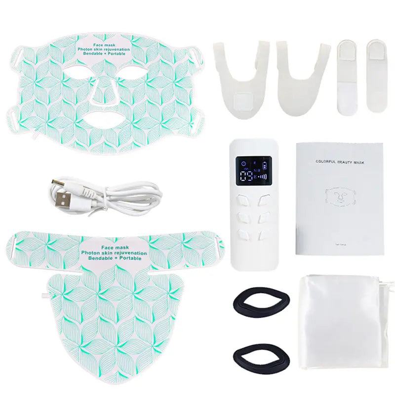 A facial muscle training kit laid out on a white background, including a large face mask, a strap mask, a triangular mask, white attachment pieces, a remote control, a USB charging cable, a booklet, and a small white pouch.