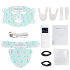A facial muscle training kit laid out on a white background, including a large face mask, a strap mask, a triangular mask, white attachment pieces, a remote control, a USB charging cable, a booklet, and a small white pouch.