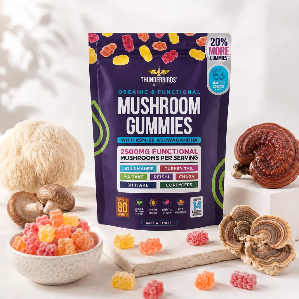 Package of Mushroom Gummies with gummies and mushrooms on a light background