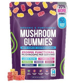 Packaging of Mushroom Gummies with colorful gummies on a purple background
