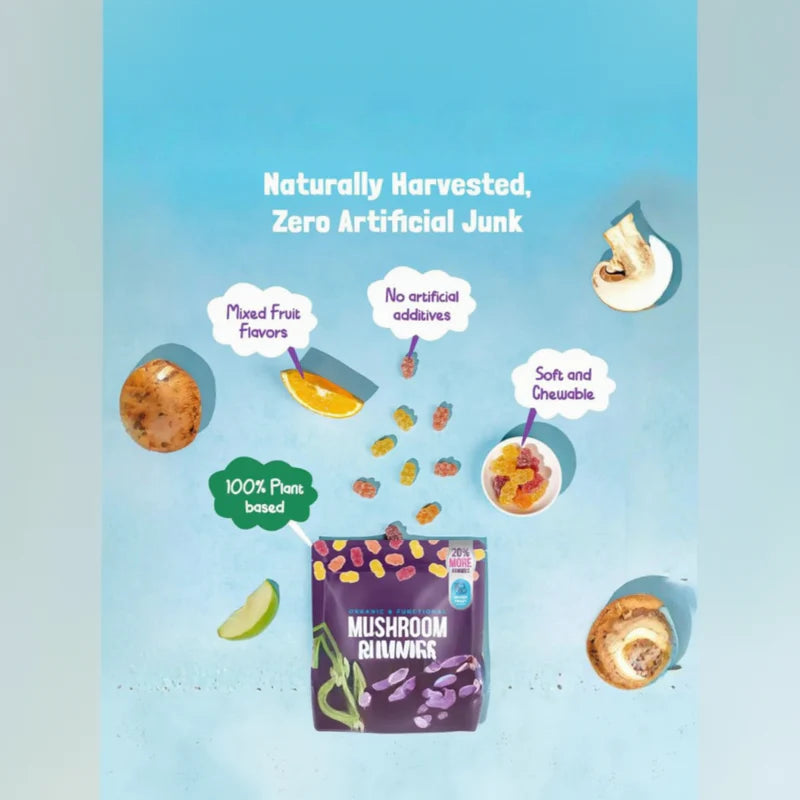 Mushroom snacks packaging with health benefits on a blue background