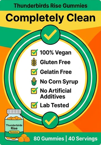 Packaging of Thunderbirds Rise Gummies with health claims on a green and orange background
