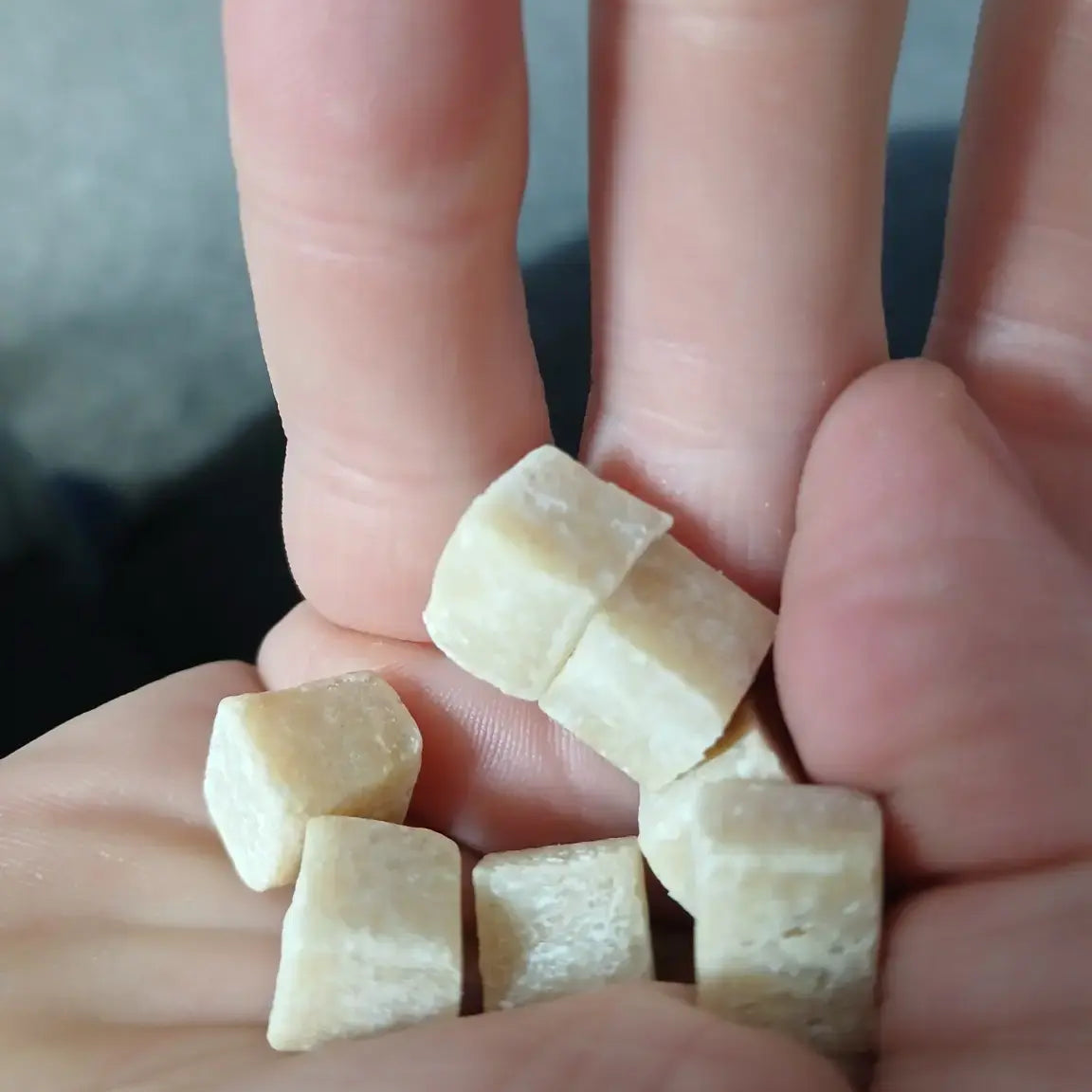 Small pieces of a root vegetable held between fingers against a blurred background