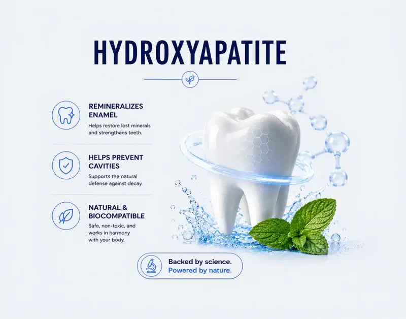 Infographic about hydroxyapatite with a tooth and mint leaf on a light blue background.