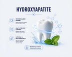 Infographic about hydroxyapatite with a tooth and mint leaf on a light blue background.