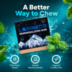 Larineco remineralizing gum packaging with mountain design, surrounded by mint leaves and water droplets on a blue background.