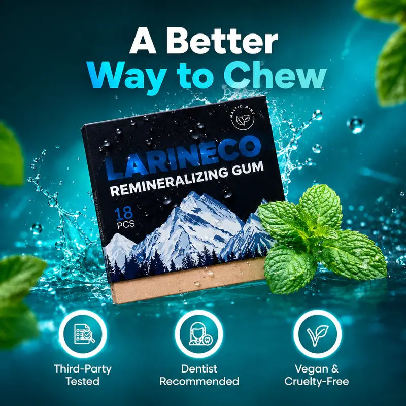 Larineco remineralizing gum packaging with mountain design, surrounded by mint leaves and water droplets on a blue background.