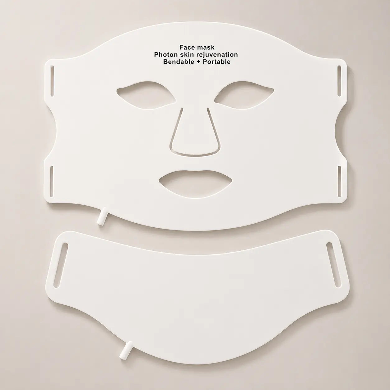 Flexible LED face and neck light therapy mask displayed on a soft stone-grey background in a premium skincare ecommerce setting.