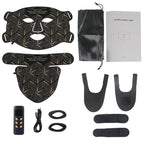 Collection of black LED face mask with components and accessories on a white background