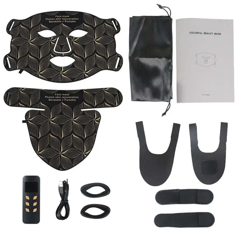 Collection of black LED face mask with components and accessories on a white background