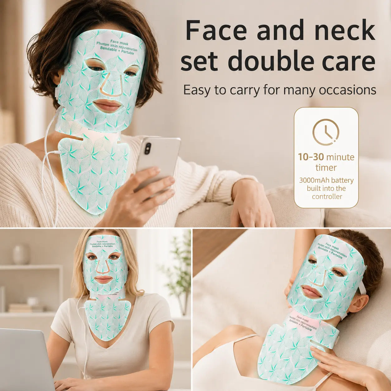 Woman using a face and neck mask set with text indicating ease of use and features.
