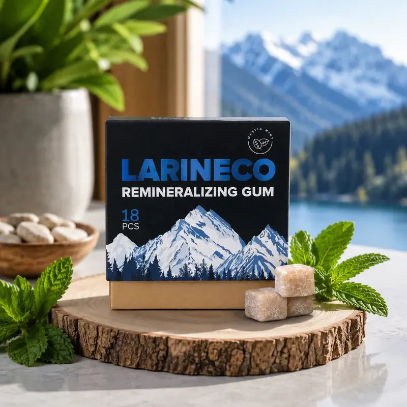 Larineco remineralizing gum packaging with mountains in the background