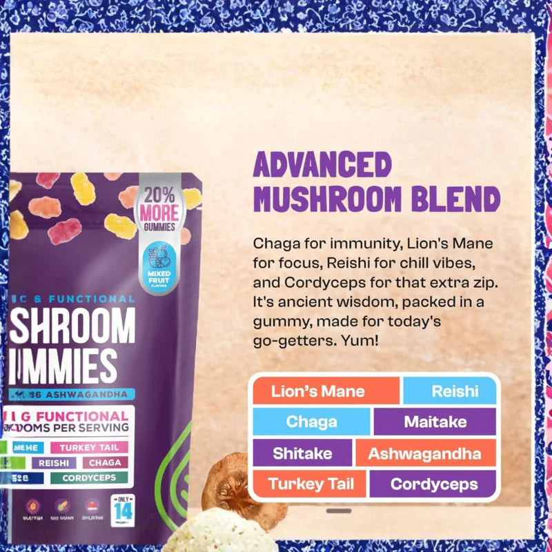 Shroom Immies gummy supplement packaging with text about advanced mushroom blend on a beige background.