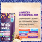Shroom Immies gummy supplement packaging with text about advanced mushroom blend on a beige background.
