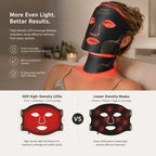 Person wearing a high-density LED face and neck mask with text highlighting benefits and comparison to lower density masks.