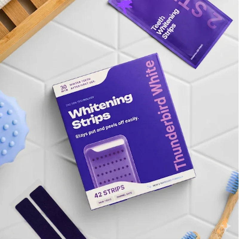 Premium purple teeth whitening strips packaging for convenient at-home whitening