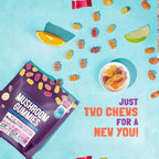 Packaging of Mushroom Gummies with gummy bears on a blue background