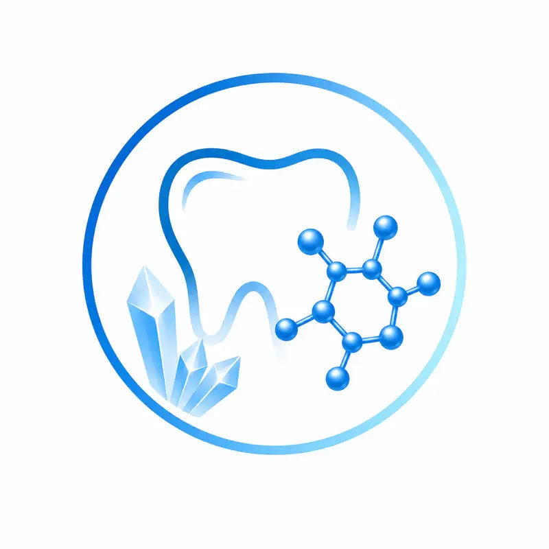 Logo with tooth, crystal, and molecular structure on a white background