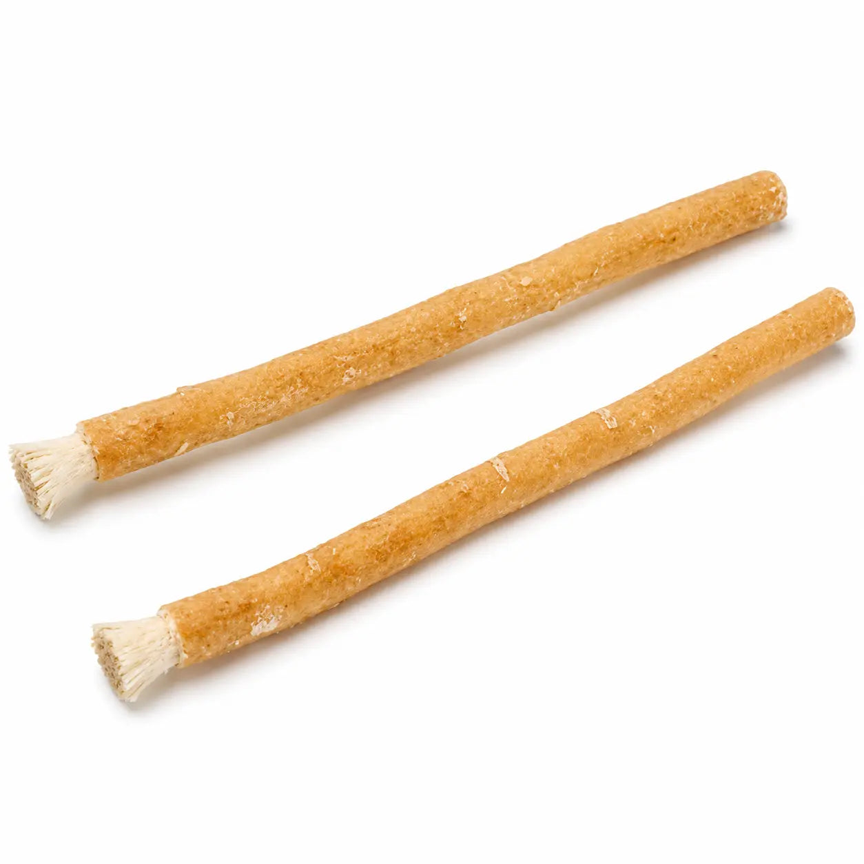 Two Miswak sticks side by side with toothbrush bristles exposed