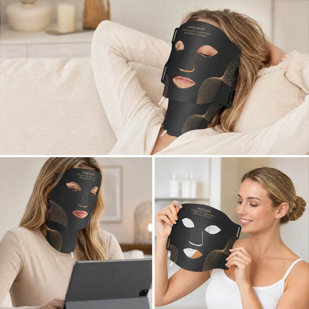 Woman wearing a black facial mask in a cozy indoor setting