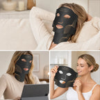 Woman wearing a black facial mask in a cozy indoor setting