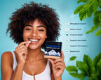 Woman holding a box of remineralizing gum with product features listed on the right.